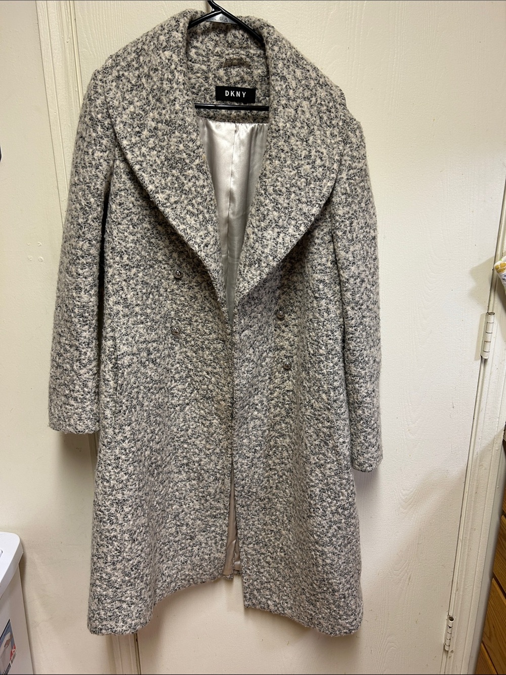 DKNY Gray Bouclé Double-Breasted Shawl Collar Pea Coat